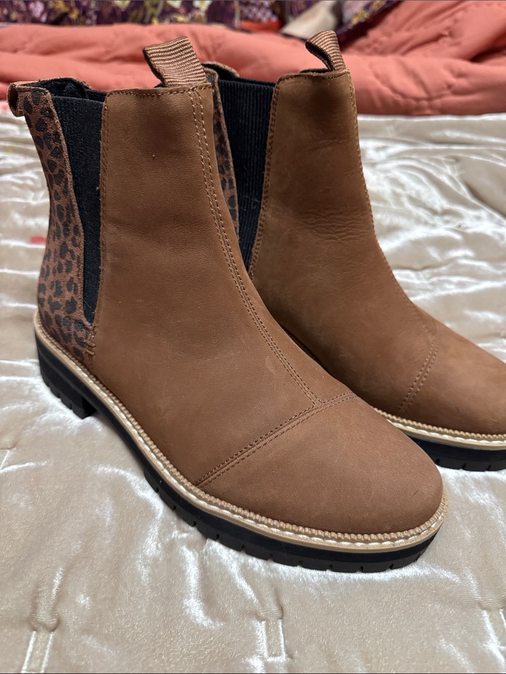 Toms Brown Chelsea Ankle Boots with Leopard Panel